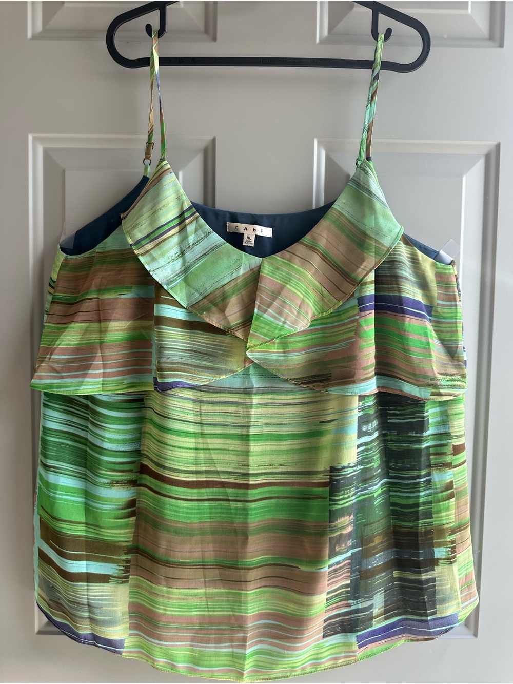 CAbi Green Multistripe Ruffle-Front Spaghetti Strap Camisole
